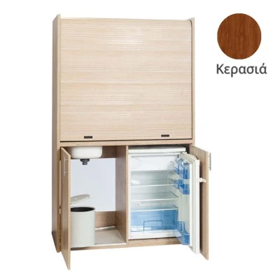 Πολυκουζίνα mini kitchen 125cm απόχρωση κερασιάς με αριστερή γούρνα για ξενώνες, γραφεία & φοιτητικά studio