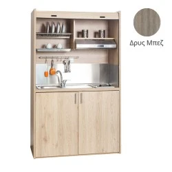 Πολυκουζίνα mini kitchen 125cm απόχρωση δρυς μπεζ με αριστερή γούρνα για ξενώνες, γραφεία & φοιτητικά studio