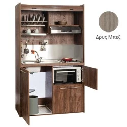 Πολυκουζίνα mini kitchen 125cm με φουρνάκι χωρίς ψυγείο απόχρωση δρυς μπεζ για ξενώνες & γραφεία