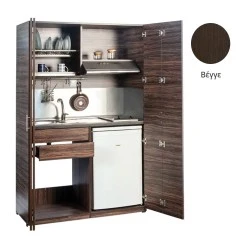 Πολυκουζίνα mini kitchen 125cm απόχρωση βεγγέ με αριστερή γούρνα και μεγάλες πόρτες για φοιτιτικά studios, γραφεία &καταλύματα