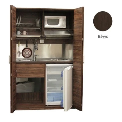 Πολυκουζίνα mini kitchen 125cm απόχρωση βεγγέ με αριστερή γούρνα και μεγάλες πόρτες για φοιτιτικά studios, γραφεία &καταλύματα