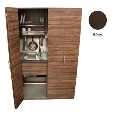 Πολυκουζίνα mini kitchen 125cm απόχρωση βεγγέ με αριστερή γούρνα και μεγάλες πόρτες για φοιτιτικά studios, γραφεία &καταλύματα