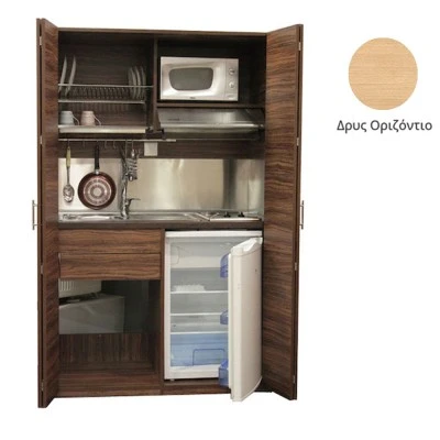 Πολυκουζίνα mini kitchen 125cm απόχρωση ξύλου δρυός οριζόντιο με αριστερή γούρνα και μεγάλες πόρτες για φοιτιτικά studios, γραφεία &καταλύματα