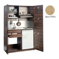 Πολυκουζίνα mini kitchen 125cm απόχρωση ξύλου δρυός ρόζοι με αριστερή γούρνα και μεγάλες πόρτες για φοιτιτικά studios, γραφεία &καταλύματα