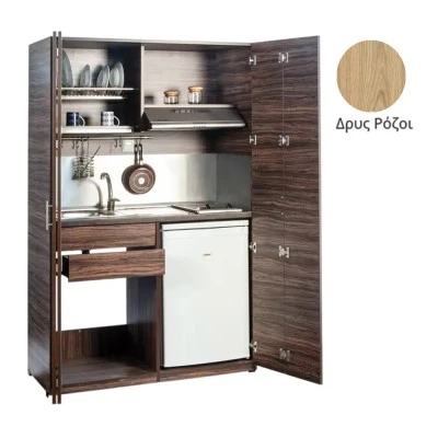 Πολυκουζίνα mini kitchen 125cm απόχρωση ξύλου δρυός ρόζοι με αριστερή γούρνα και μεγάλες πόρτες για φοιτιτικά studios, γραφεία &καταλύματα