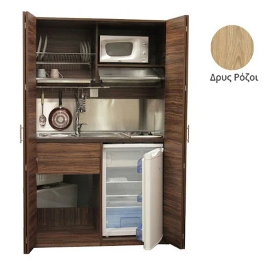 Πολυκουζίνα mini kitchen 125cm απόχρωση ξύλου δρυός ρόζοι με αριστερή γούρνα και μεγάλες πόρτες για φοιτιτικά studios, γραφεία &καταλύματα