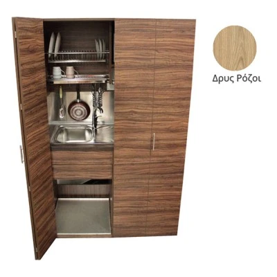Πολυκουζίνα mini kitchen 125cm απόχρωση ξύλου δρυός ρόζοι με αριστερή γούρνα και μεγάλες πόρτες για φοιτιτικά studios, γραφεία &καταλύματα