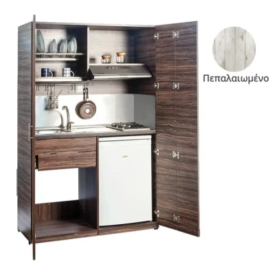 Πολυκουζίνα mini kitchen 125cm απόχρωση πεπαλαιωμένου ξύλου με αριστερή γούρνα και μεγάλες πόρτες για φοιτιτικά studios, γραφεία &καταλύματα