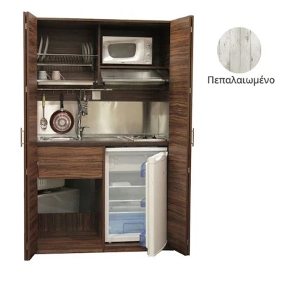 Πολυκουζίνα mini kitchen 125cm απόχρωση πεπαλαιωμένου ξύλου με αριστερή γούρνα και μεγάλες πόρτες για φοιτιτικά studios, γραφεία &καταλύματα