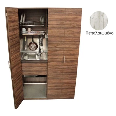 Πολυκουζίνα mini kitchen 125cm απόχρωση πεπαλαιωμένου ξύλου με αριστερή γούρνα και μεγάλες πόρτες για φοιτιτικά studios, γραφεία &καταλύματα