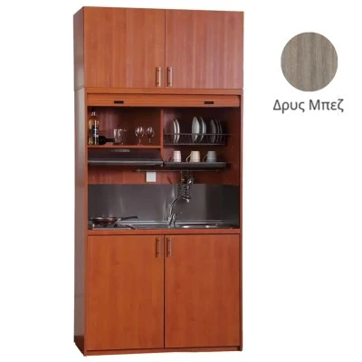 Πολυκουζίνα mini kitchen 125cm με πατάρι & αριστερή γούρνα απόχρωση δρυς μπεζ για ξενώνες, γραφεία & φοιτητικά studio