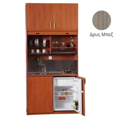 Πολυκουζίνα mini kitchen 125cm με πατάρι & αριστερή γούρνα απόχρωση δρυς μπεζ για ξενώνες, γραφεία & φοιτητικά studio