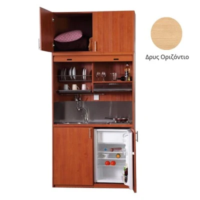 Πολυκουζίνα mini kitchen 125cm με πατάρι & αριστερή γούρνα απόχρωση δρυς για ξενώνες, γραφεία & φοιτητικά studio