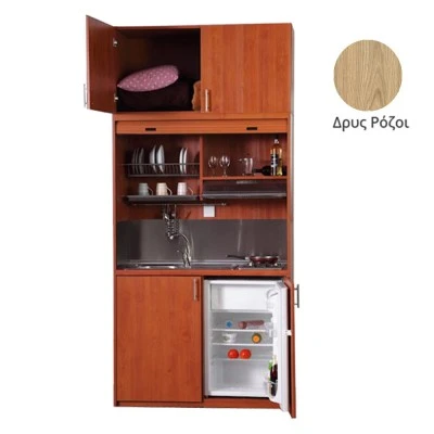 Πολυκουζίνα mini kitchen 125cm με πατάρι & αριστερή γούρνα απόχρωση δρυς ρόζοι για ξενώνες, γραφεία & φοιτητικά studio