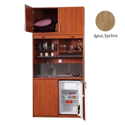 Πολυκουζίνα mini kitchen 125cm με πατάρι & αριστερή γούρνα απόχρωση δρυς sychro για ξενώνες, γραφεία & φοιτητικά studio