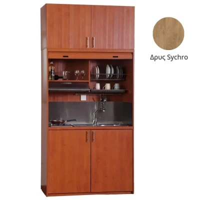 Πολυκουζίνα mini kitchen 125cm με πατάρι & αριστερή γούρνα απόχρωση δρυς sychro για ξενώνες, γραφεία & φοιτητικά studio
