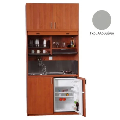 Πολυκουζίνα mini kitchen 125cm με πατάρι & αριστερή γούρνα απόχρωση γκρι για ξενώνες, γραφεία & φοιτητικά studio