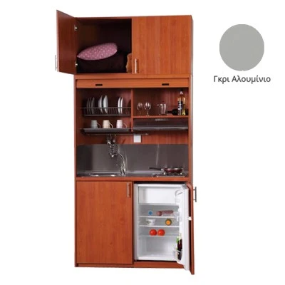 Πολυκουζίνα mini kitchen 125cm με πατάρι & αριστερή γούρνα απόχρωση γκρι για ξενώνες, γραφεία & φοιτητικά studio