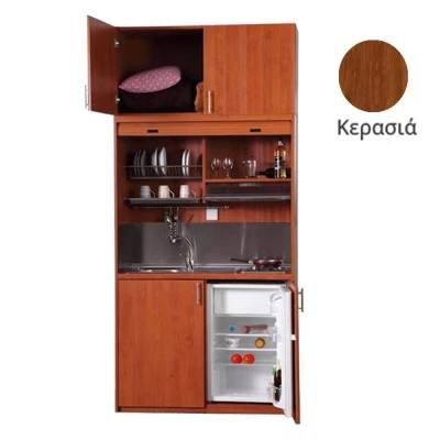 Πολυκουζίνα mini kitchen 125cm με πατάρι & αριστερή γούρνα απόχρωση κερασιάς για ξενώνες, γραφεία & φοιτητικά studio