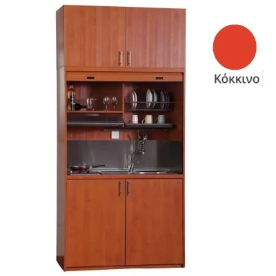 Πολυκουζίνα mini kitchen 125cm με πατάρι & αριστερή γούρνα απόχρωση κόκκινη για ξενώνες, γραφεία & φοιτητικά studio