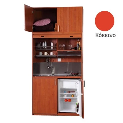 Πολυκουζίνα mini kitchen 125cm με πατάρι & αριστερή γούρνα απόχρωση κόκκινη για ξενώνες, γραφεία & φοιτητικά studio