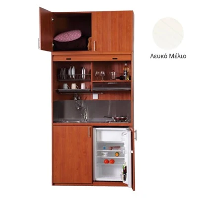 Πολυκουζίνα mini kitchen 125cm με πατάρι & αριστερή γούρνα απόχρωση λευκή για ξενώνες, γραφεία & φοιτητικά studio