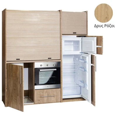 Πολυκουζίνα mini kitchen 190cm με μεγάλο ψυγείο & μεγάλο φούρνο απόχρωση δρυς ρόζοι για γραφεία, studios & καταλύματα airbnb