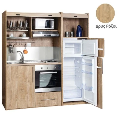 Πολυκουζίνα mini kitchen 190cm με μεγάλο ψυγείο & μεγάλο φούρνο απόχρωση δρυς ρόζοι για γραφεία, studios & καταλύματα airbnb