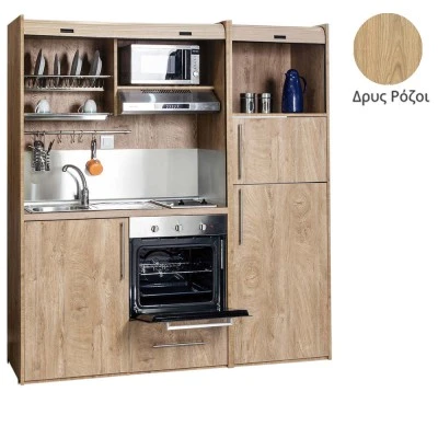 Πολυκουζίνα mini kitchen 190cm με μεγάλο ψυγείο & μεγάλο φούρνο απόχρωση δρυς ρόζοι για γραφεία, studios & καταλύματα airbnb