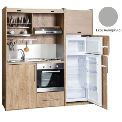 Πολυκουζίνα mini kitchen 190cm με μεγάλο ψυγείο & μεγάλο φούρνο απόχρωση γκρι για γραφεία, studios & καταλύματα airbnb