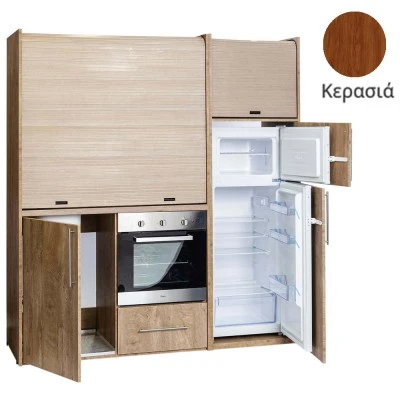 Πολυκουζίνα mini kitchen 190cm με μεγάλο ψυγείο & μεγάλο φούρνο απόχρωση κερασιάς για γραφεία, studios & καταλύματα airbnb