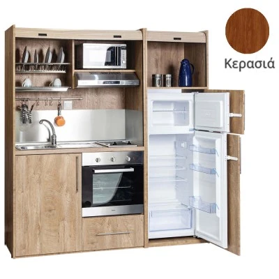 Πολυκουζίνα mini kitchen 190cm με μεγάλο ψυγείο & μεγάλο φούρνο απόχρωση κερασιάς για γραφεία, studios & καταλύματα airbnb