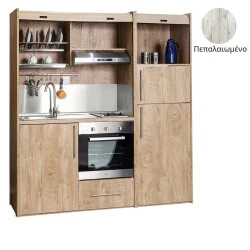 Πολυκουζίνα mini kitchen 190cm με μεγάλο ψυγείο & μεγάλο φούρνο απόχρωση πεπαλαιωμένου για γραφεία, studios & καταλύματα airbnb