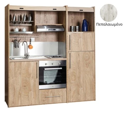 Πολυκουζίνα mini kitchen 190cm με μεγάλο ψυγείο & μεγάλο φούρνο απόχρωση πεπαλαιωμένου για γραφεία, studios & καταλύματα airbnb