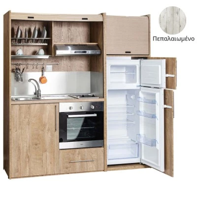 Πολυκουζίνα mini kitchen 190cm με μεγάλο ψυγείο & μεγάλο φούρνο απόχρωση πεπαλαιωμένου για γραφεία, studios & καταλύματα airbnb