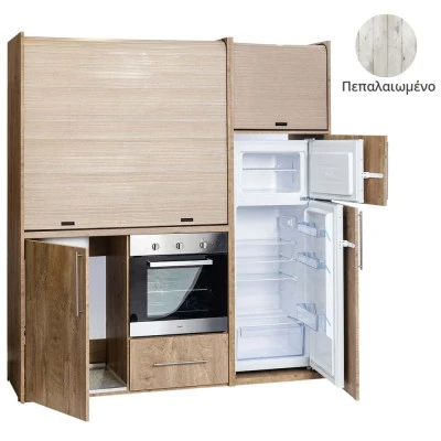 Πολυκουζίνα mini kitchen 190cm με μεγάλο ψυγείο & μεγάλο φούρνο απόχρωση πεπαλαιωμένου για γραφεία, studios & καταλύματα airbnb