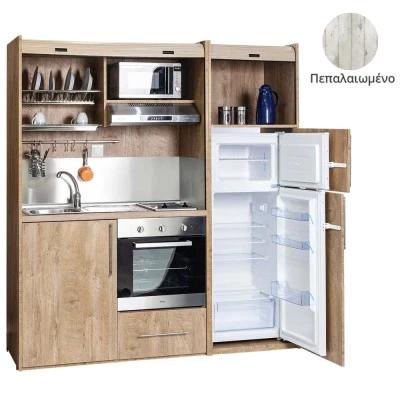 Πολυκουζίνα mini kitchen 190cm με μεγάλο ψυγείο & μεγάλο φούρνο απόχρωση πεπαλαιωμένου για γραφεία, studios & καταλύματα airbnb