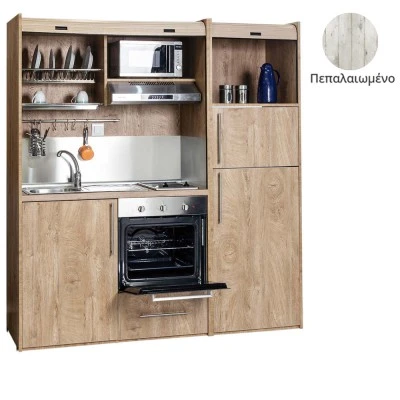 Πολυκουζίνα mini kitchen 190cm με μεγάλο ψυγείο & μεγάλο φούρνο απόχρωση πεπαλαιωμένου για γραφεία, studios & καταλύματα airbnb