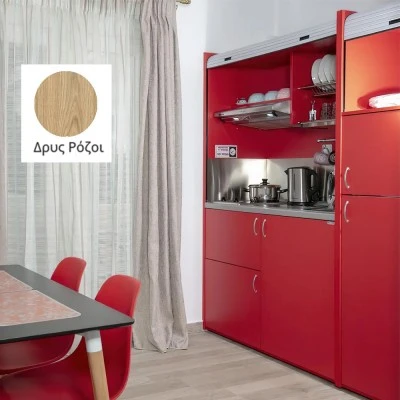 Πολυκουζίνα mini kitchen 190cm με μεγάλο ψυγείο & μικρό φουρνάκι απόχρωση δρυς ρόζοι για γραφεία