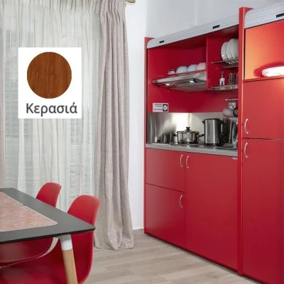 Πολυκουζίνα mini kitchen 190cm με μεγάλο ψυγείο & μικρό φουρνάκι απόχρωση κερασιάς για ξενώνες & γραφεία