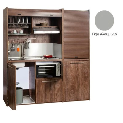 Πολυκουζίνα mini kitchen 190cm με μικρό ψυγείο & μικρό φουρνάκι απόχρωση γκρι για ξενώνες & γραφεία