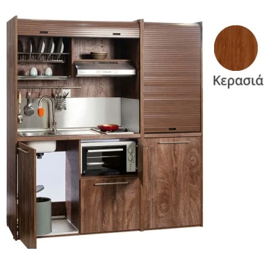 Πολυκουζίνα mini kitchen 190cm με μικρό ψυγείο & μικρό φουρνάκι απόχρωση κερασιάς για ξενώνες & γραφεία
