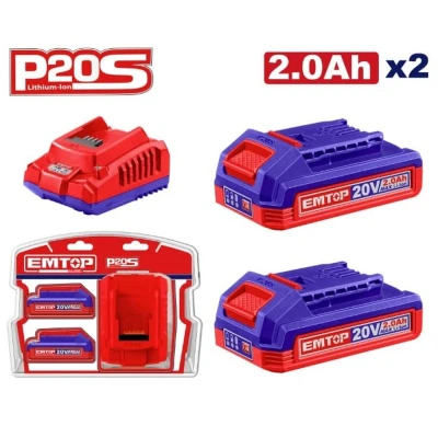 Σετ 2 μπαταριών ιόντων λιθίου 20V 2.0Ah με ταχυφορτιστή EMTOP ELBCPK2212E Σετ 2 μπαταριών ιόντων λιθίου 20V 2.0Ah με ταχυφορτιστή EMTOP ELBCPK2212E