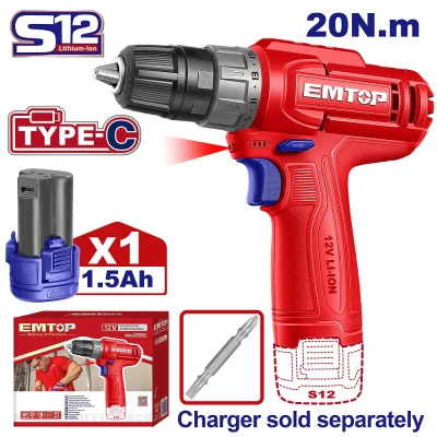 Δραπανοκατσάβιδο μπαταρίας 12V EMTOP ECDL12456 με φόρτιση USB Type-C, μπαταρία 1.5Ah και ροπή 20Nm