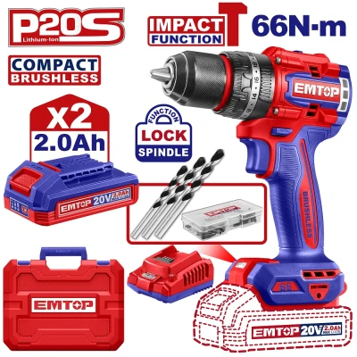 Κρουστικό δραπανοκατσάβιδο μπαταρίας brushless 20V EMTOP ECIDL20668E με 2 μπαταρίες 2Ah, 66Nm και βαλίτσα μεταφοράς