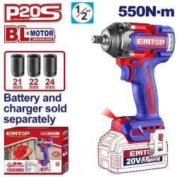 Μπουλονόκλειδο μπαταρίας 20V Brushless EMTOP ECIWL20551 με μέγιστη ροπή 550Nm και καρέ 1/2"