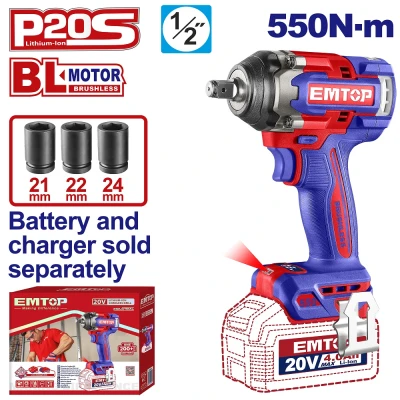 Μπουλονόκλειδο μπαταρίας 20V Brushless EMTOP ECIWL20551 με μέγιστη ροπή 550Nm και καρέ 1/2" Μπουλονόκλειδο μπαταρίας 20V Brushless EMTOP ECIWL20551 με μέγιστη ροπή 550Nm και καρέ 1/2"