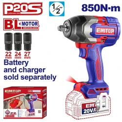 Μπουλονόκλειδο μπαταρίας brushless 20V 1/2" EMTOP ECIWL20851 με ροπή 850Nm και 3 καρυδάκια