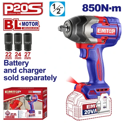 Μπουλονόκλειδο μπαταρίας brushless 20V 1/2" EMTOP ECIWL20851 με ροπή 850Nm και 3 καρυδάκια Μπουλονόκλειδο μπαταρίας brushless 20V 1/2" EMTOP ECIWL20851 με ροπή 850Nm και 3 καρυδάκια