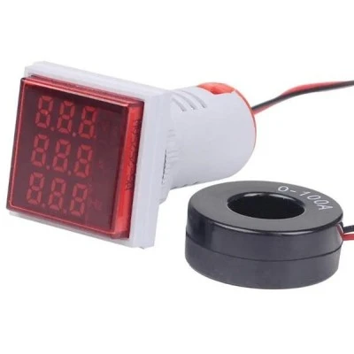 Τετράγωνο πολυόργανο μονοφασικό Φ22 A/M + V/M + HZ  AC AD16-22AVHZ με ένδειξη τάσης έντασης & συχνότητας σε κόκκινο χρώμα